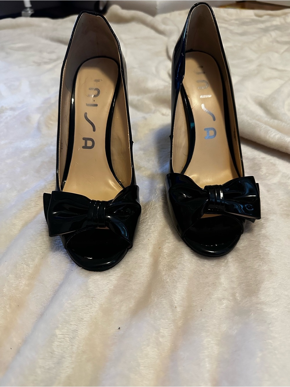 Unisa Black Patent Peep-Toe Heels with Bow Detail